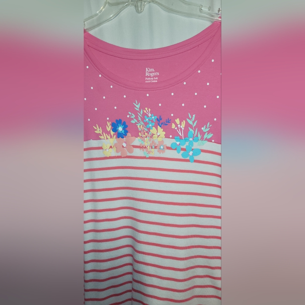 Kim Rogers Pink Floral Stripe Short Sleeve Tee